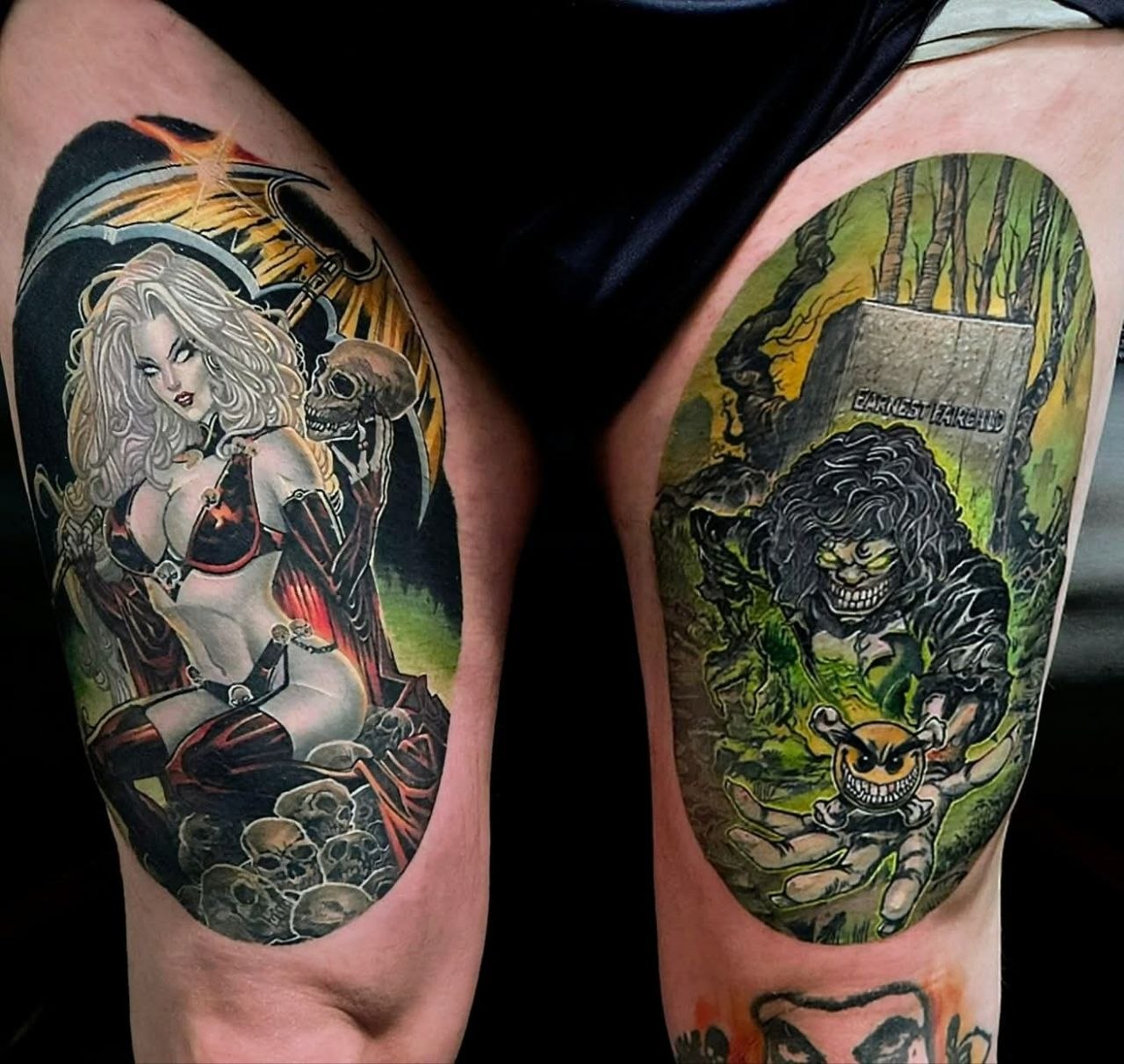 Lady Death colour thigh piece with skulls and scythe